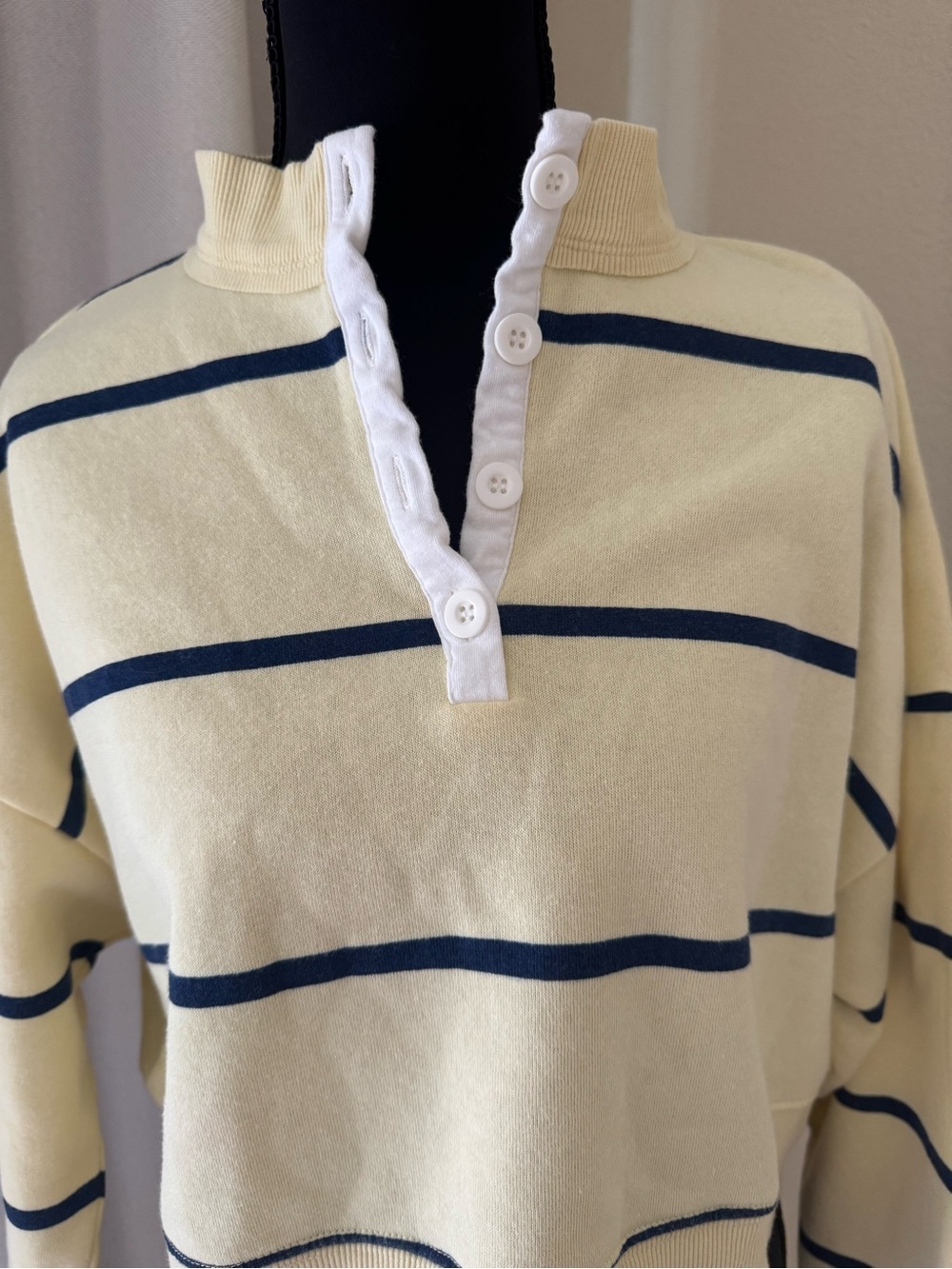 BP. Cream Navy Stripe Half Button Cropped Sweatshirt Pullover Size S - Picture 3 of 11